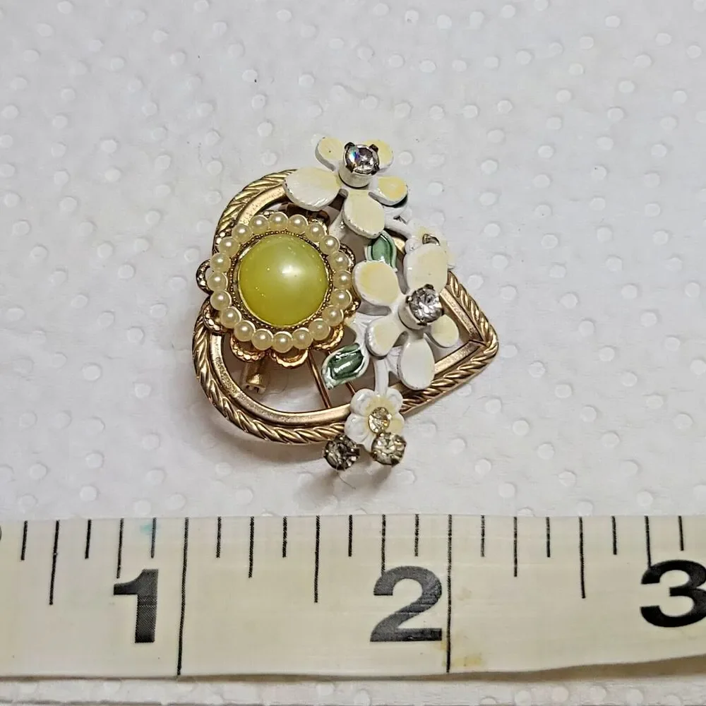 Vintage Gold Tone Rhinestone Faux Pearl Enamel Flower Bouquet Heart Brooch Pin